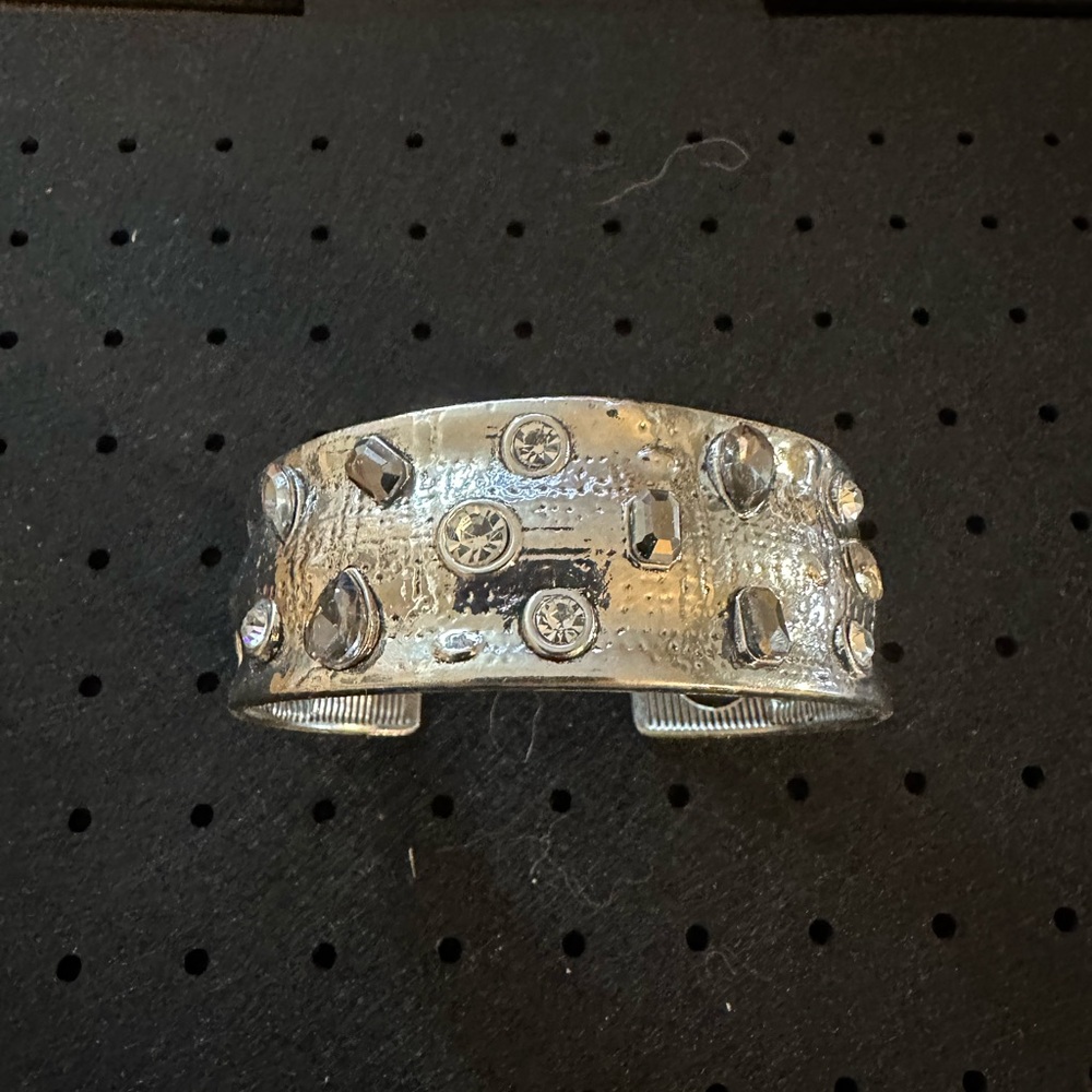 Silver Textured Cuff Bracelet with Crystal Accents